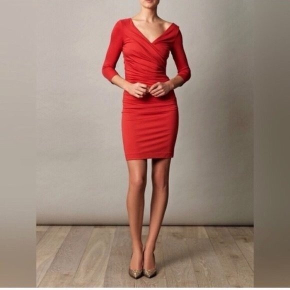 Diane von Furstenberg Bentley Three-Quarter-Sleeve Ruched Dress Blood Orange - S - Picture 10 of 10